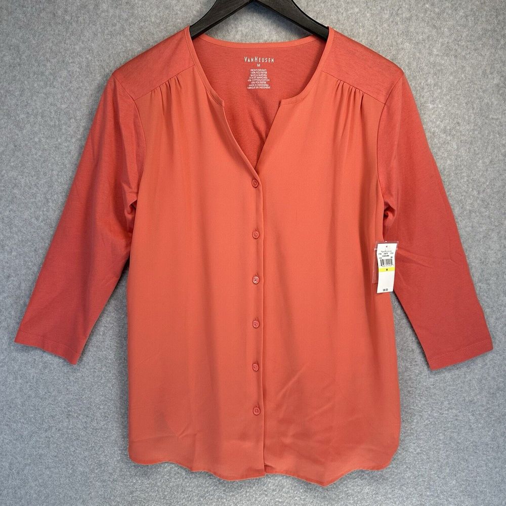 Van Heusen Womens Blouse Size Medium Coral Pink V-Neck 3/4 Sleeve New Tags